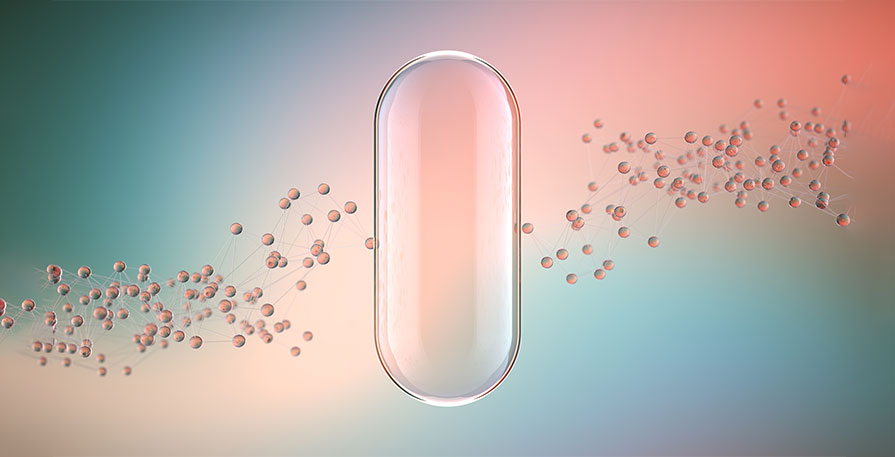 clear pill with digital background depicting innovative technologies in medicine systems, neural interfaces and research genetic and biology